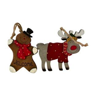 Vtg Rustic Wood Christmas Ornaments Gingerbread Man and Reindeer Jute Hanger